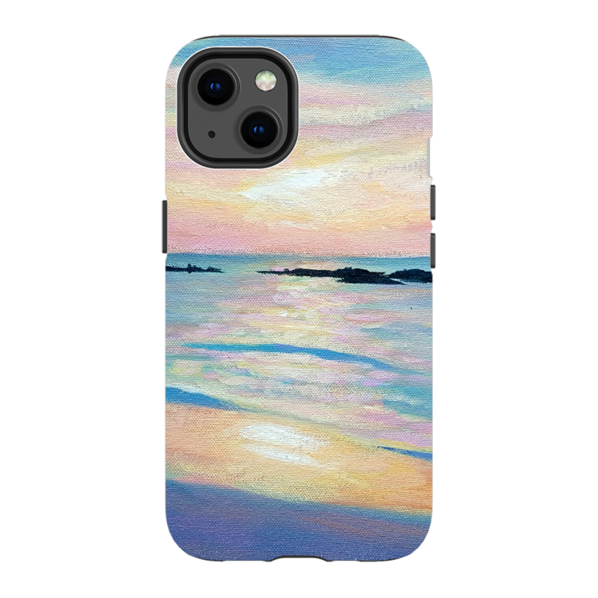Dual-layer iPhone tough case featuring a colorful sunset oil painting by Mary Stubberfield with a protective black liner.