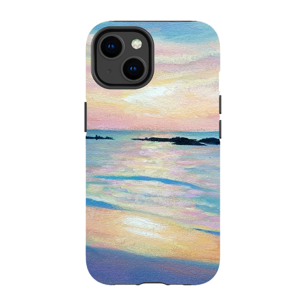 iPhone tough case featuring a textured sunset painting by Mary Stubberfield with dual-layer protection and raised edges.