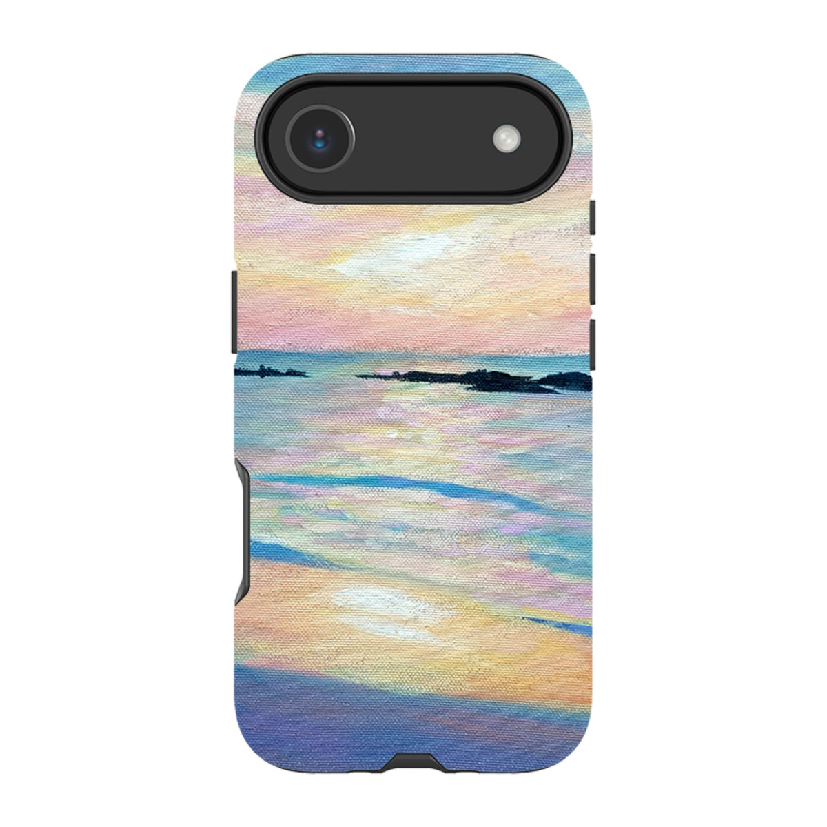 iPhone tough case featuring a colorful sunset painting with dual-layer protection and a durable, textured finish.
