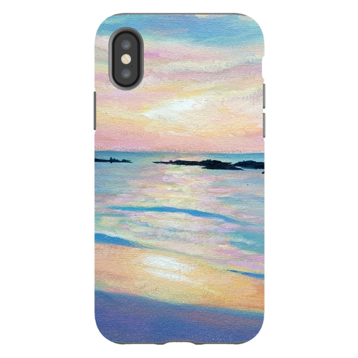 iPhone tough case featuring Mary Stubberfield’s sunset oil painting with pastel pink, blue, and gold ocean textures.