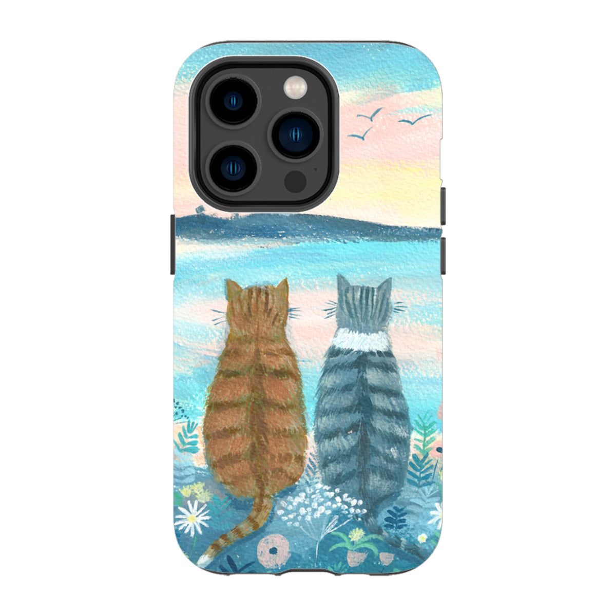 Dual-layer iPhone tough case featuring two cats sitting in a field overlooking a sunset, painted in soft pastel colors.