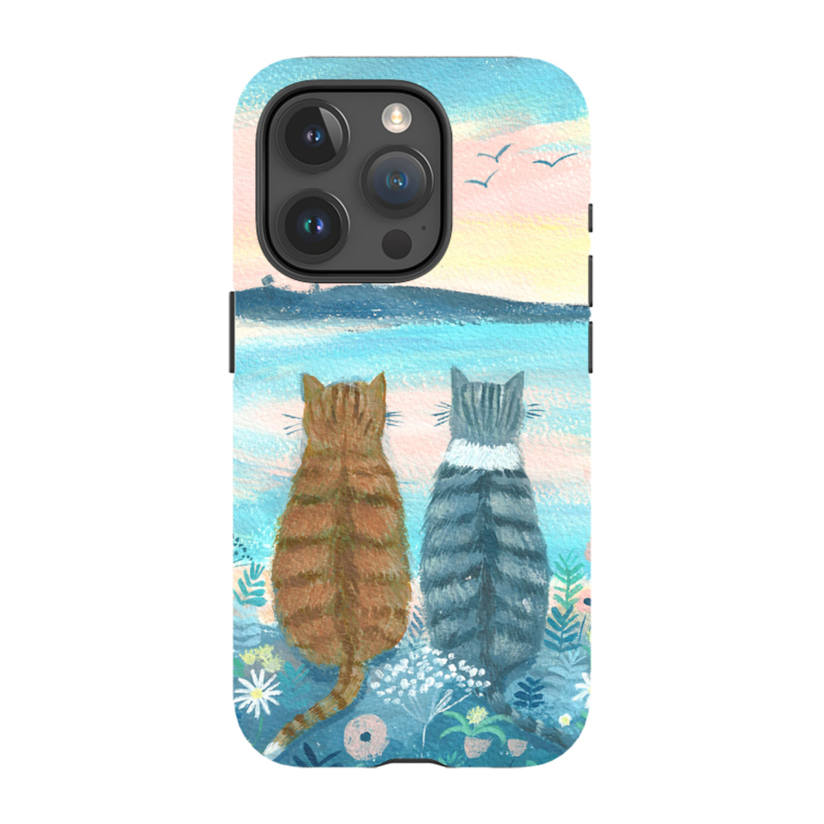 iPhone tough case with Sunset Cats 2 art, featuring two cats watching a pastel sunset over a blue sea.