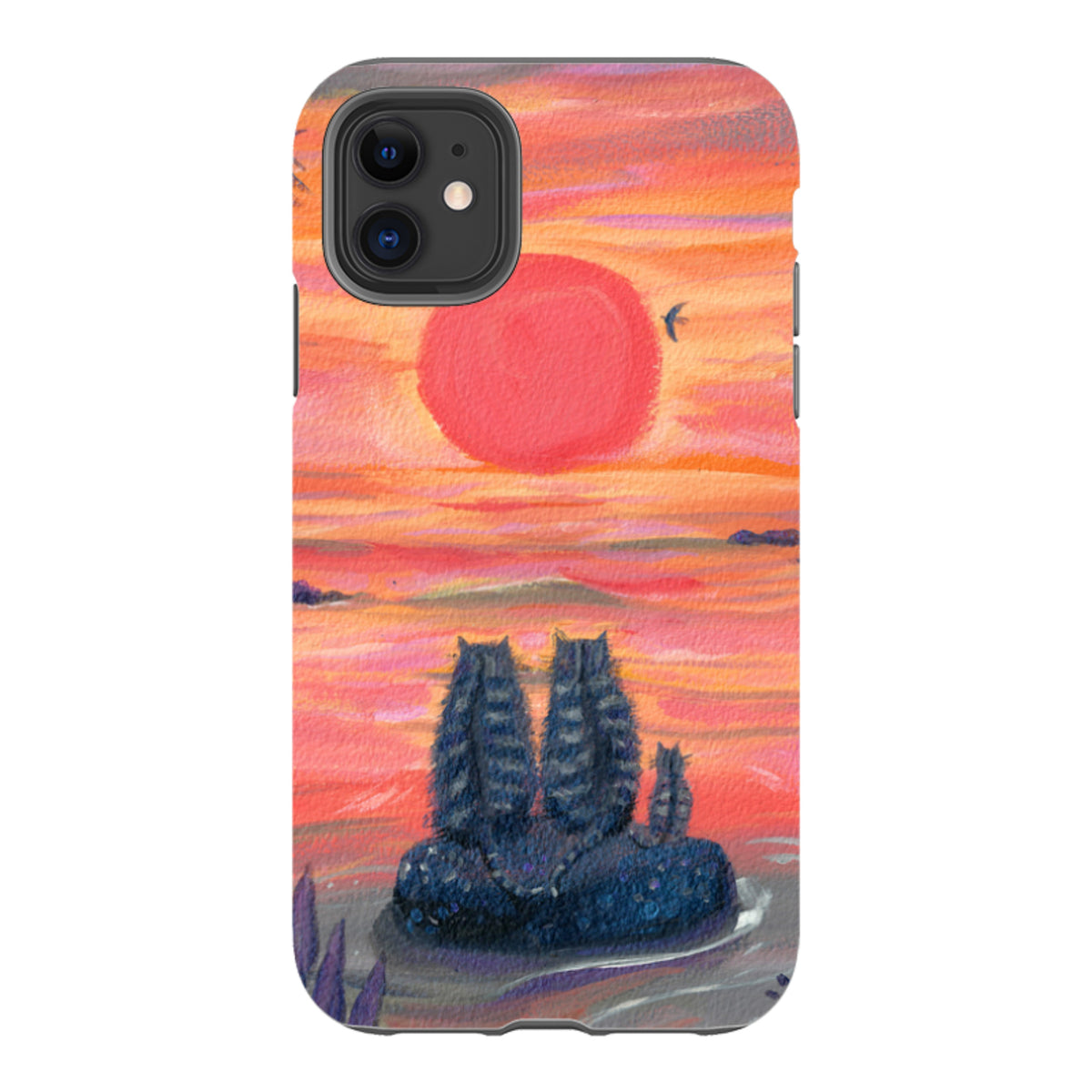 iPhone tough case featuring Mary Stubberfield's Sunset Cats art with a vibrant orange sunset and three cats on a rock.