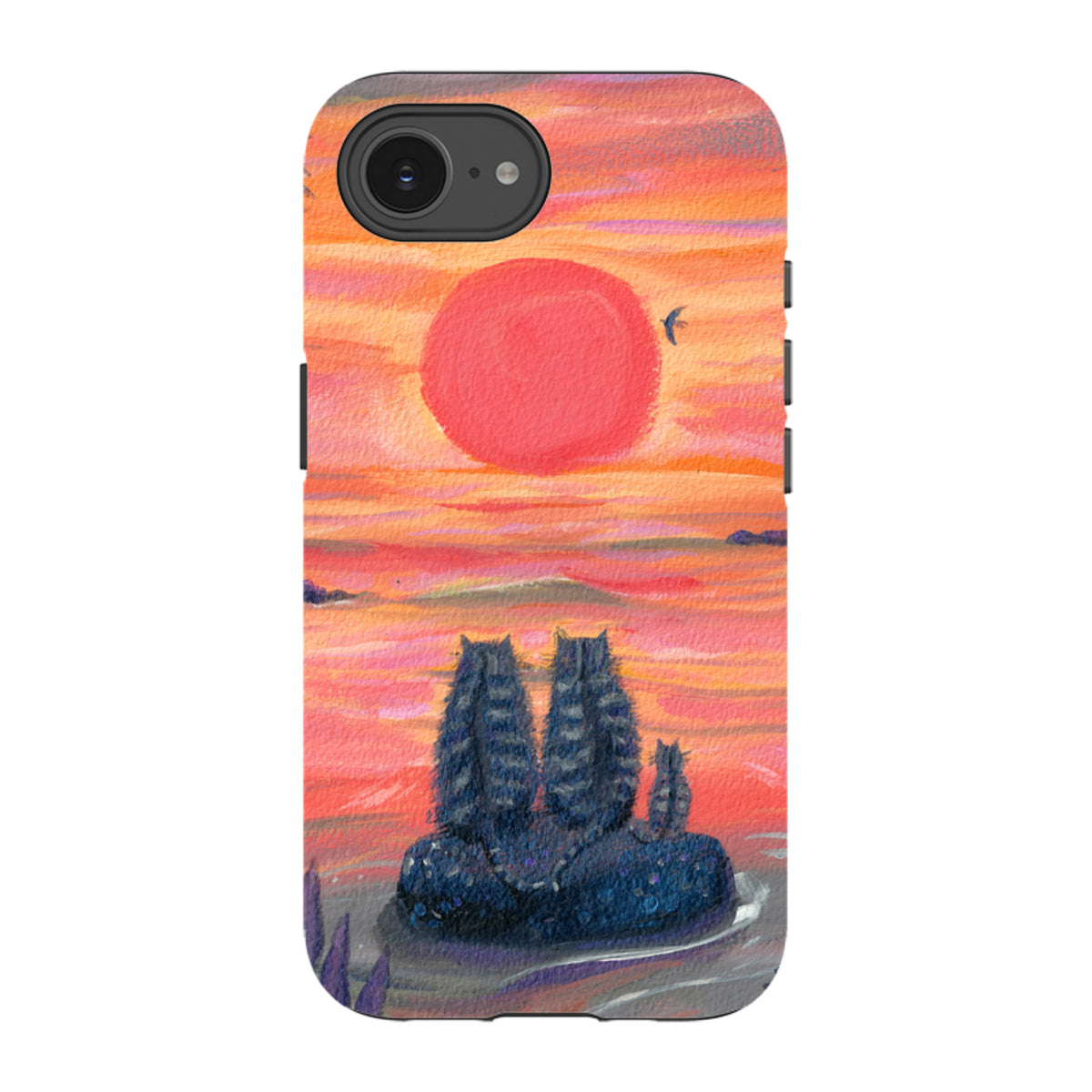 iPhone tough case featuring Sunset Cats artwork with three cats on a rock against a vibrant orange sunset sky.