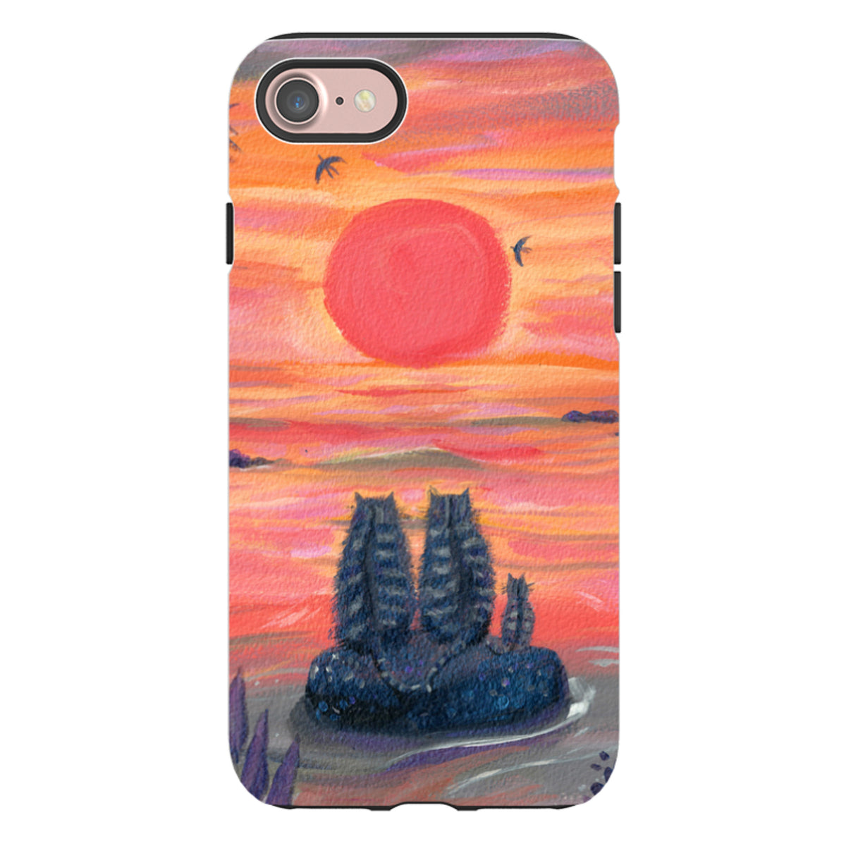 Dual-layer iPhone tough case featuring a vibrant sunset painting with three cats sitting on a rock by Mary Stubberfield.