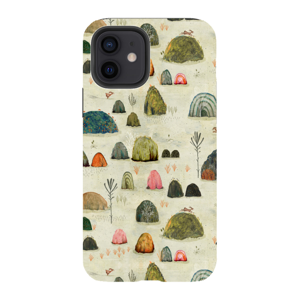 iPhone tough case featuring Katherine Quinn’s Sunset Mossy art with colorful, whimsical hills and plants on a cream background.