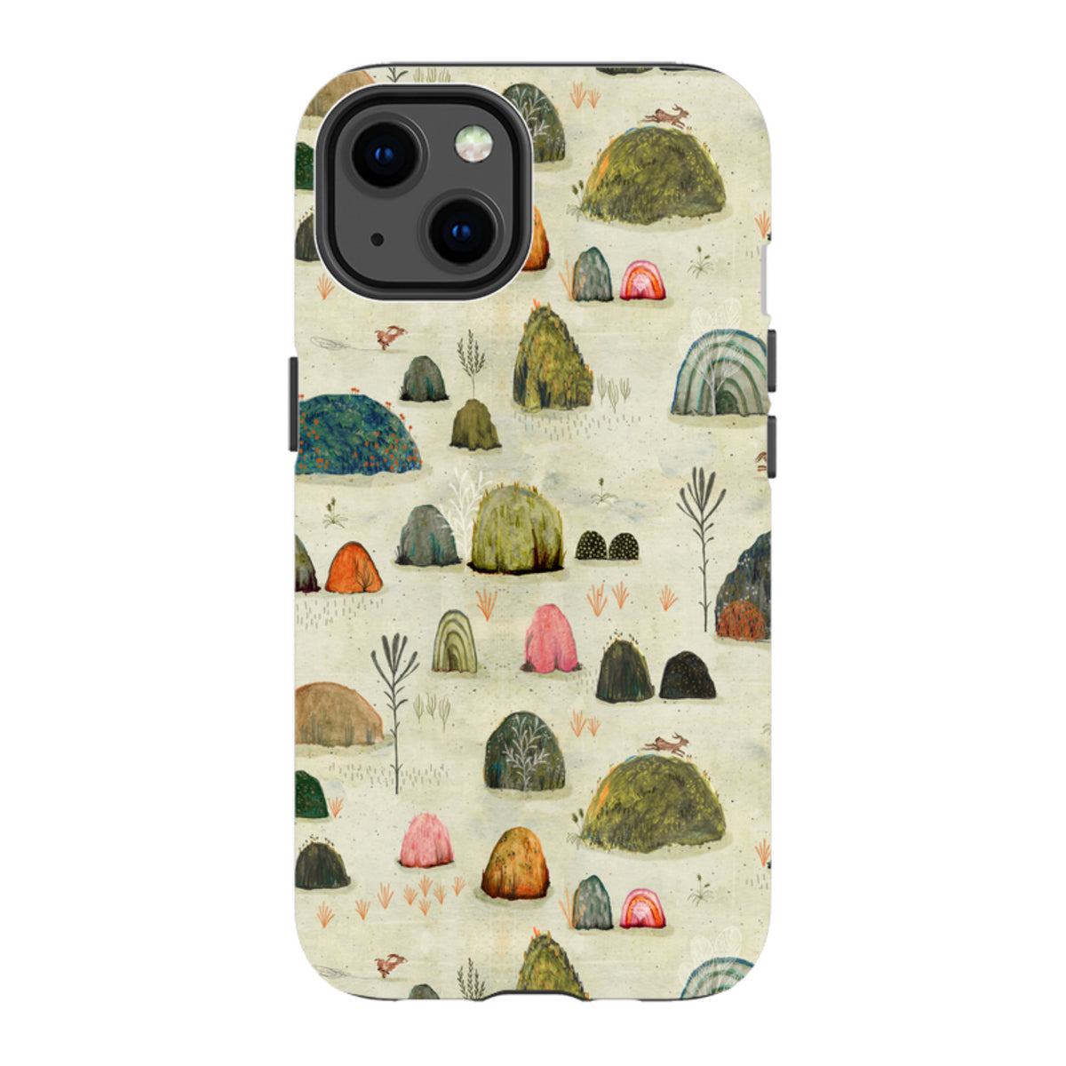 iPhone tough case featuring Katherine Quinn’s Sunset Mossy art with colorful, whimsical hills and small animals.