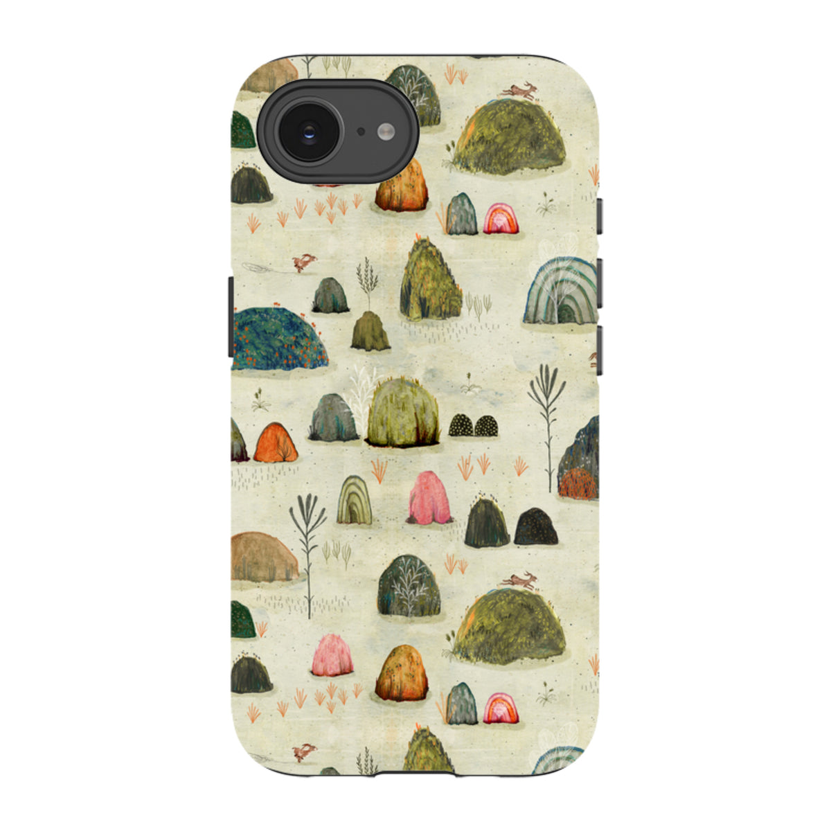 iPhone tough case featuring Katherine Quinn's Sunset Mossy art with colorful, whimsical hills and small animals.