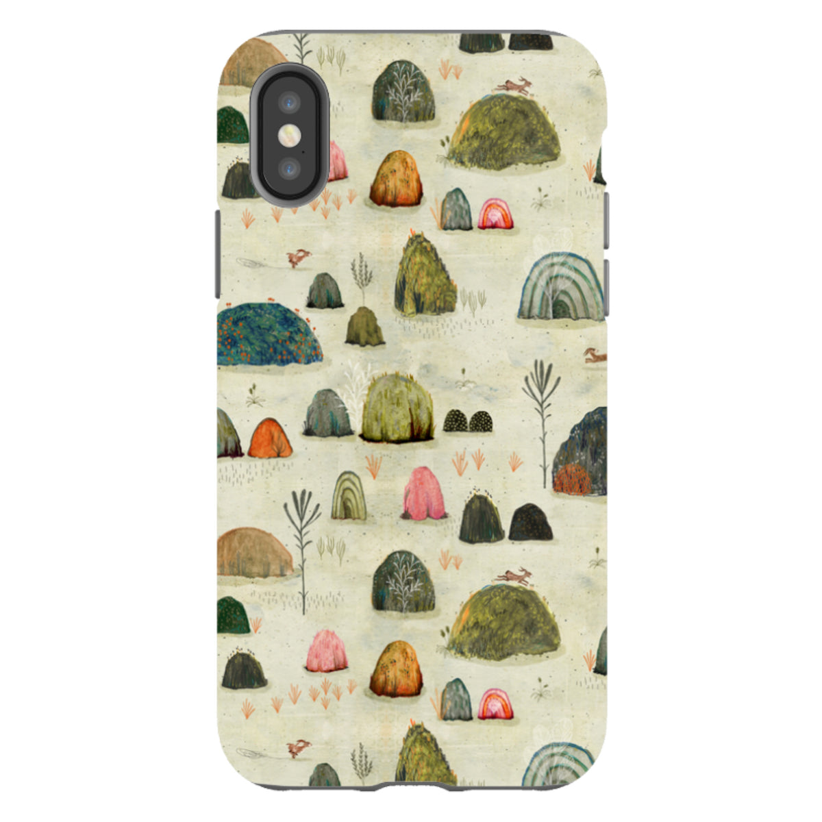 iPhone tough case featuring Katherine Quinn's Sunset Mossy art with colorful, whimsical hills on a cream background.