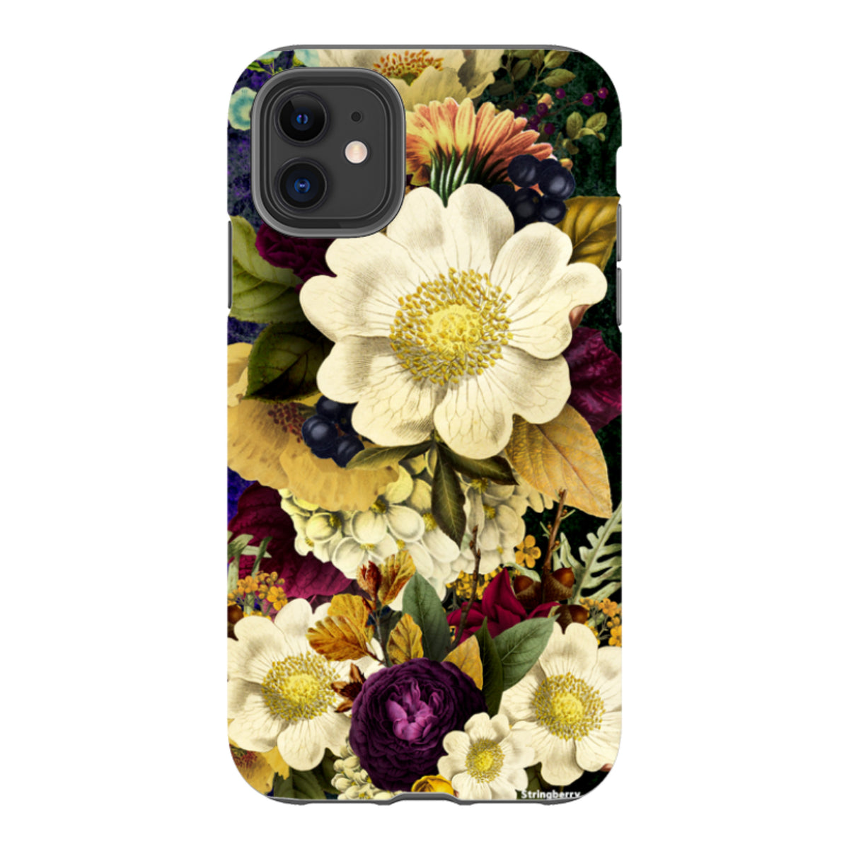iPhone tough case with a surreal floral print featuring white, yellow, and dark purple flowers on a dark background.