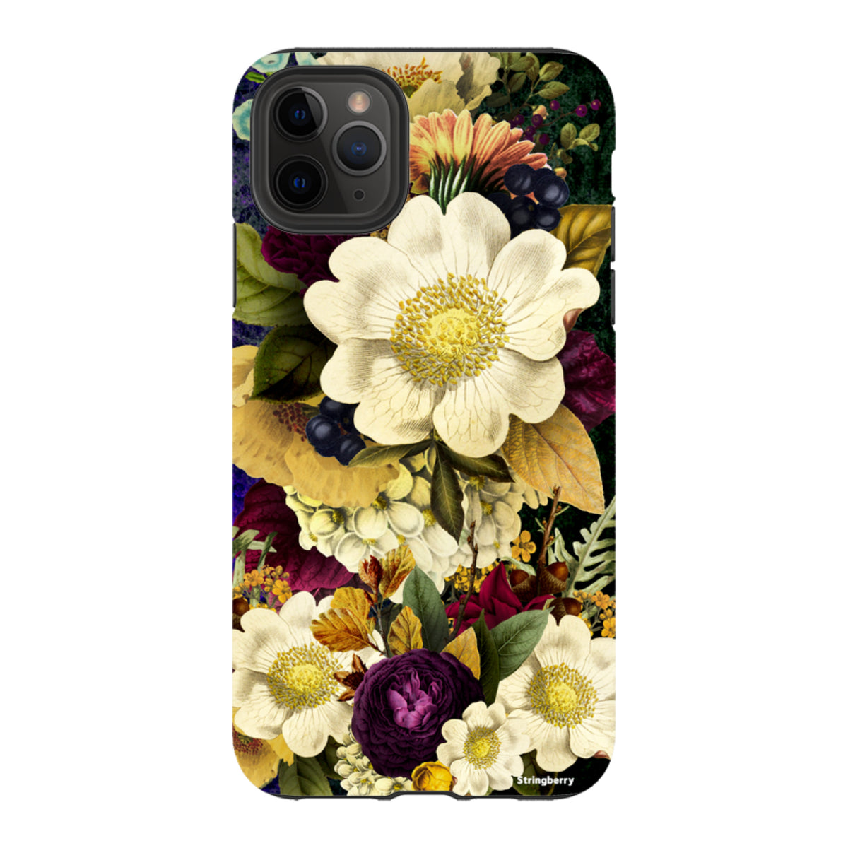 iPhone tough case featuring a surreal, high-definition floral print with white, yellow, and deep purple blooms.