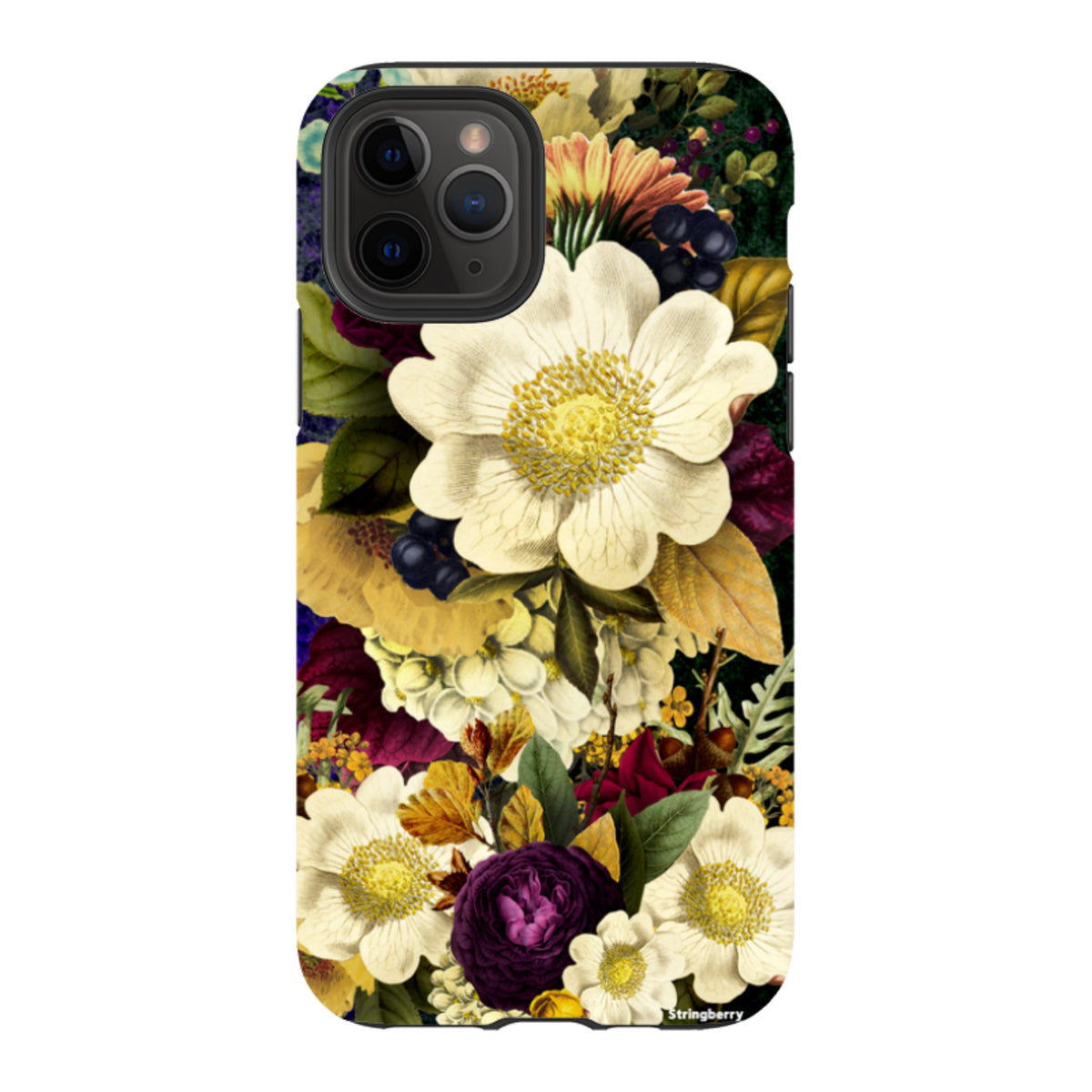 iPhone tough case featuring a surreal, high-definition floral print with white, yellow, and deep purple flowers.
