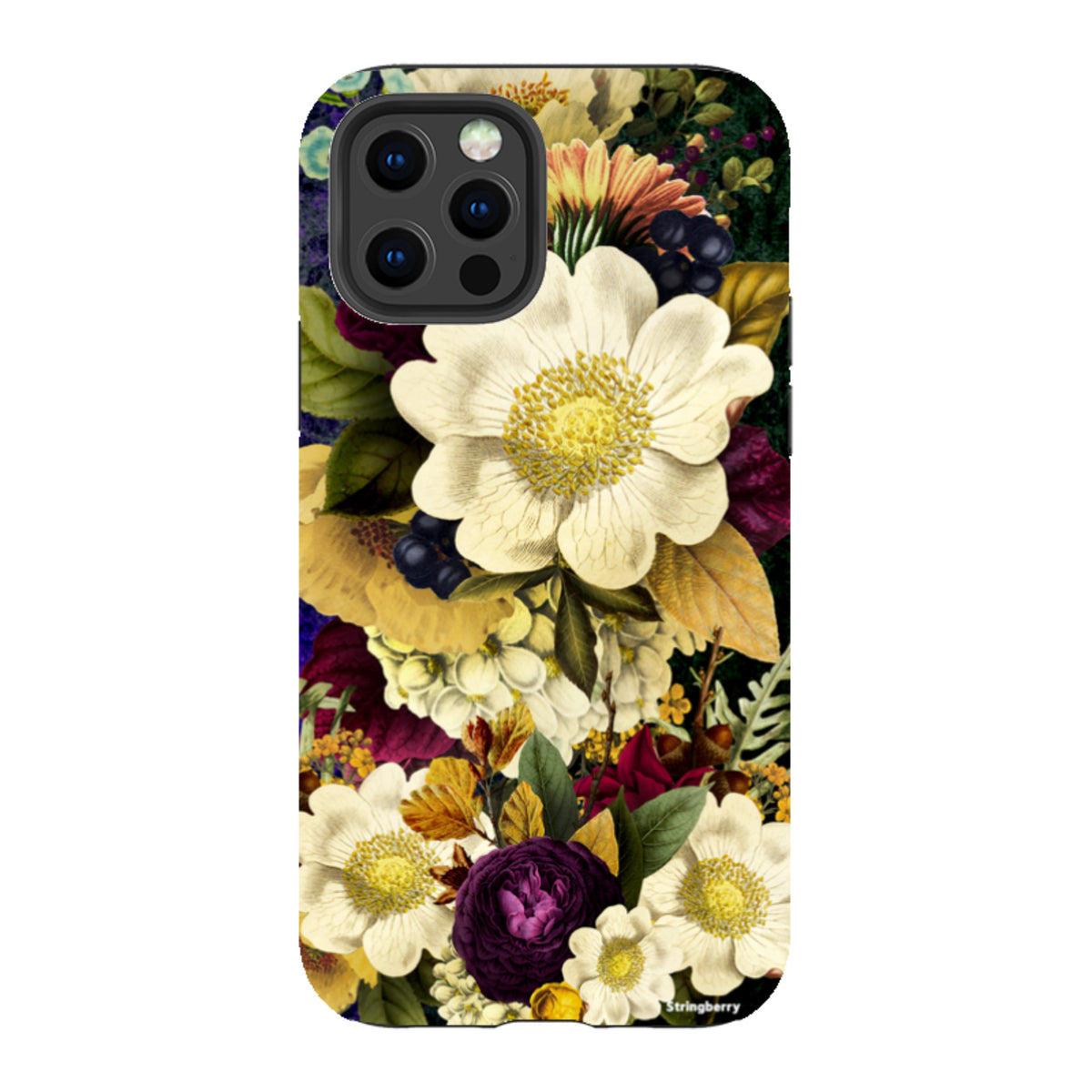 iPhone Tough Case featuring a surreal, high-definition floral print with white, yellow, and deep purple flowers.