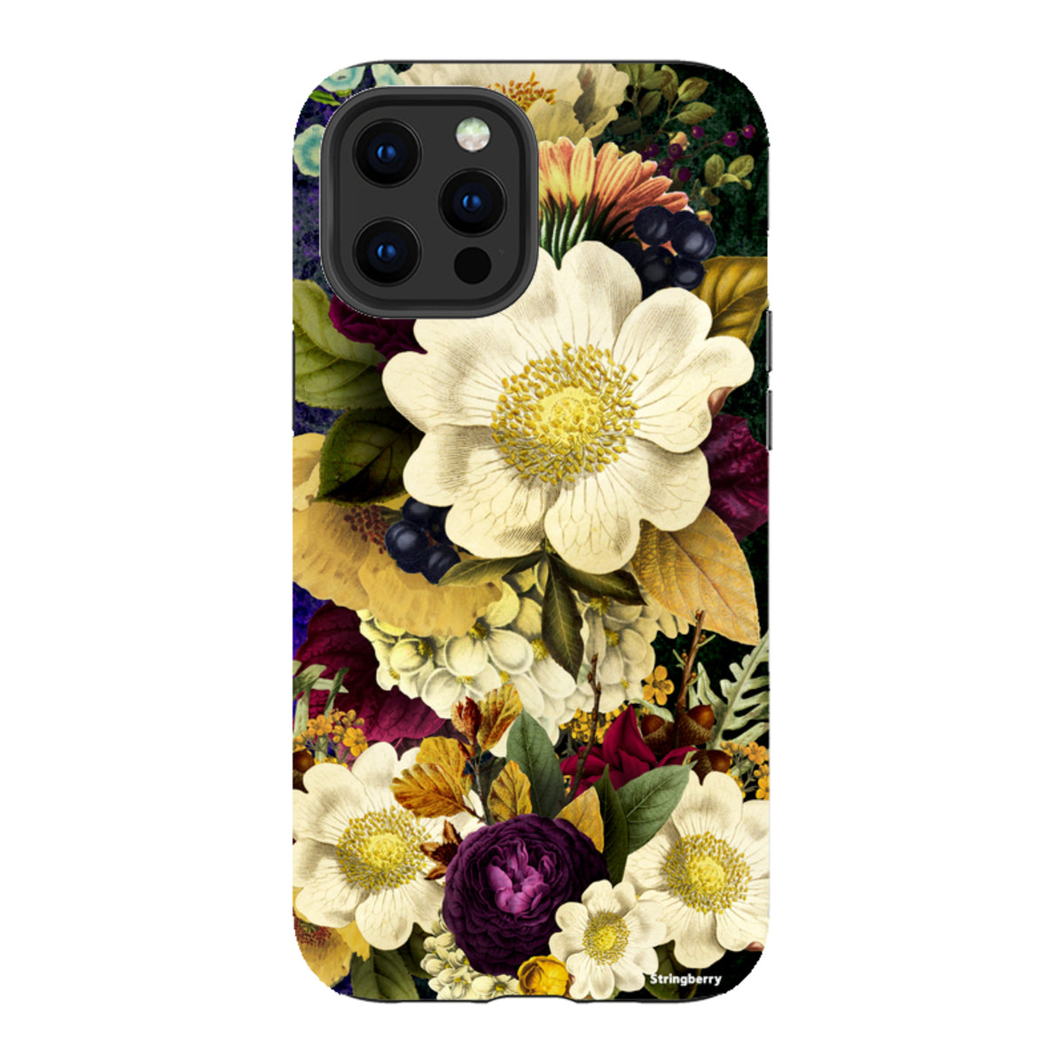 iPhone tough case featuring a surreal, high-definition floral print with white, yellow, and dark purple flowers.