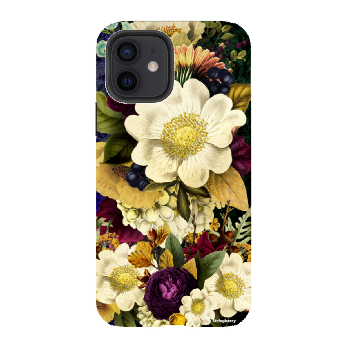 iPhone Tough Case featuring a surreal, high-definition floral print with white, yellow, and deep purple blooms.