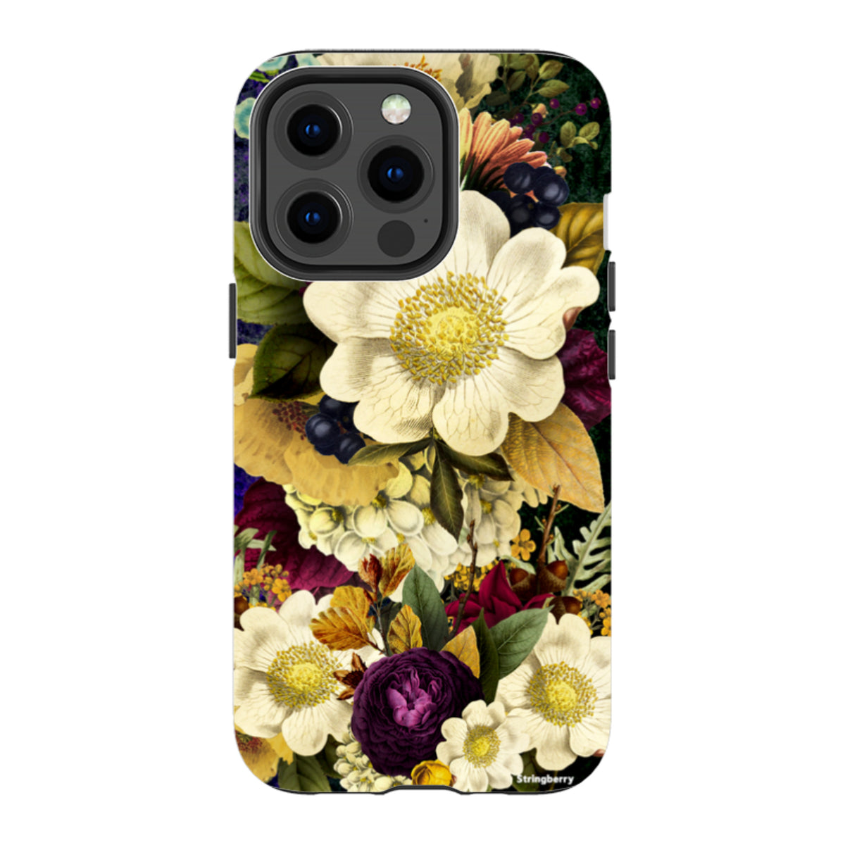 iPhone tough case featuring a surreal, high-definition floral print with white and purple blooms on a dark background.