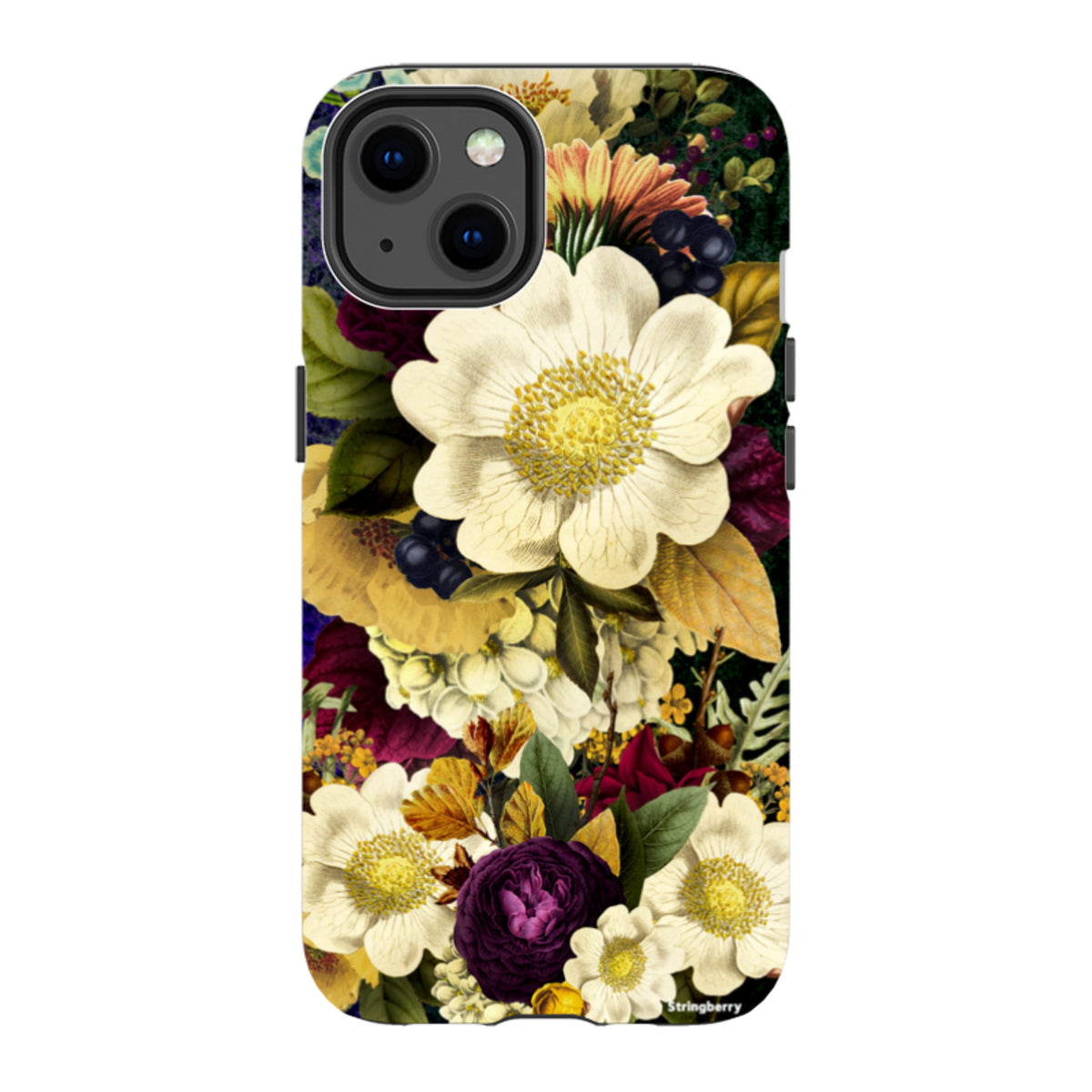 iPhone Tough Case featuring a surreal, high-definition floral print with white and purple flowers on a dark background.