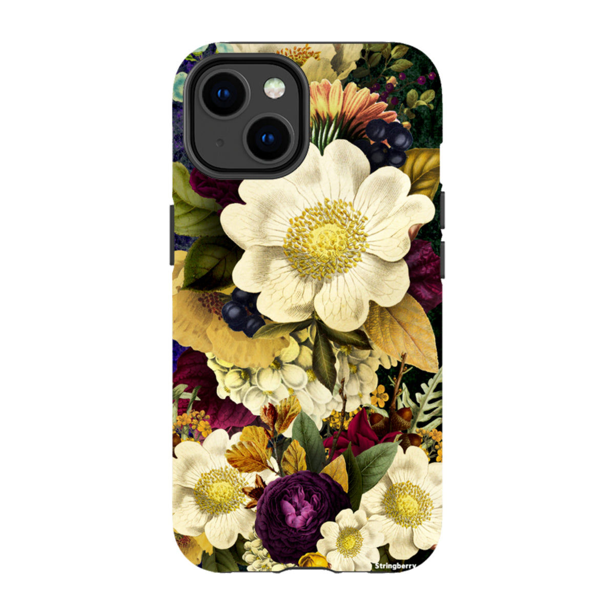 iPhone Tough Case featuring a surreal, high-definition floral print with white and purple blooms on a dark background.