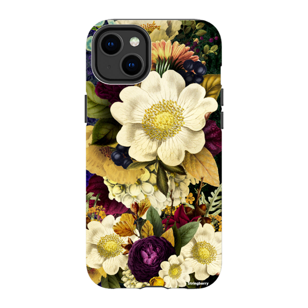 iPhone Tough Case featuring a surreal, high-definition floral print with white, yellow, and dark purple blooms.