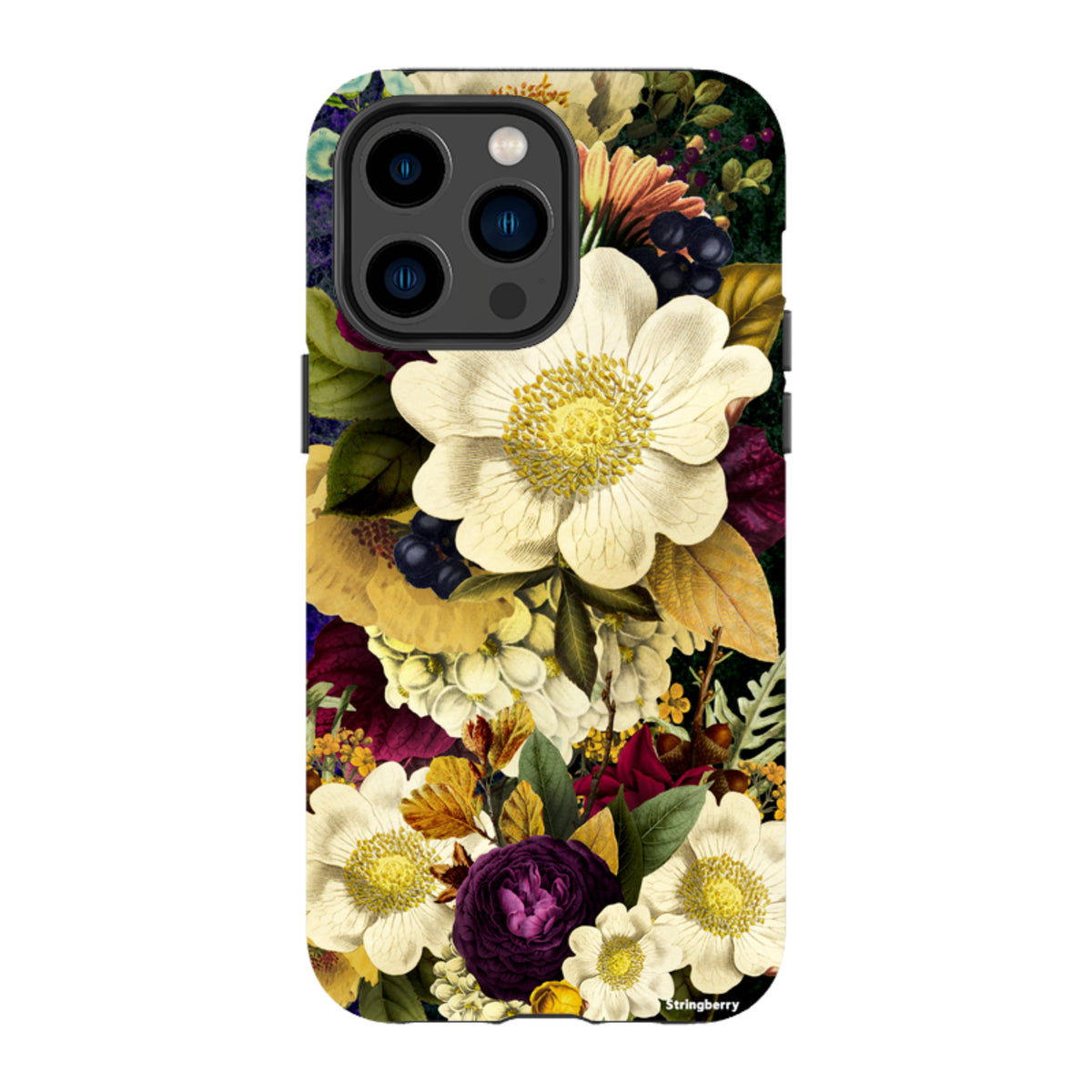iPhone Tough Case featuring a surreal, high-definition floral print with white and purple flowers on a dark background.