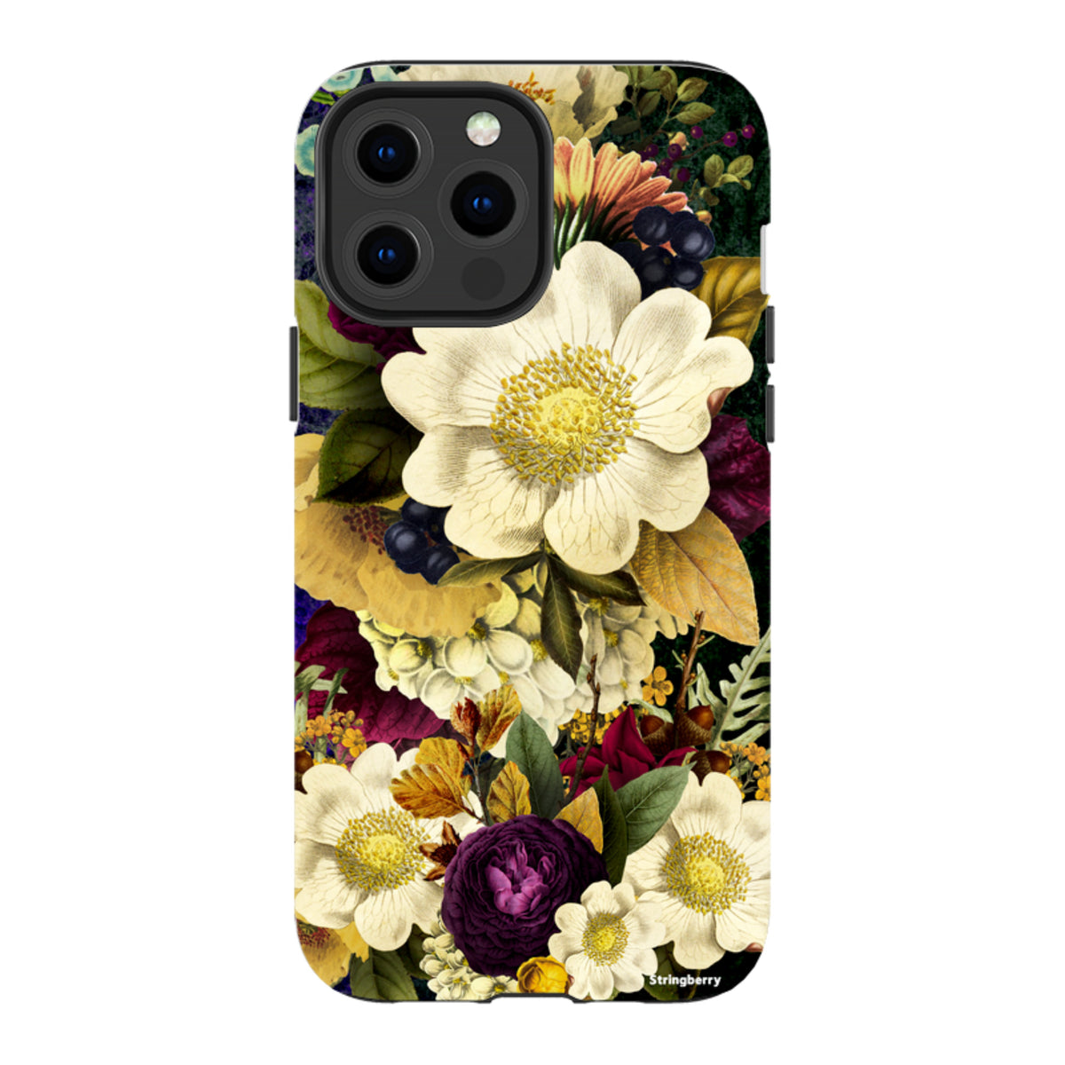 iPhone tough case featuring a surreal, high-definition floral print with white, yellow, and deep purple blooms.