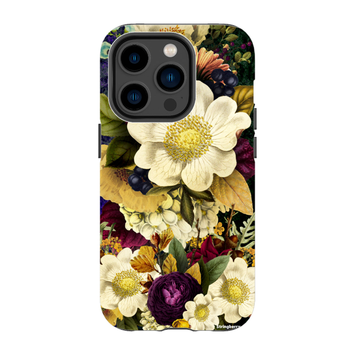 Dual-layer iPhone tough case featuring a surreal, high-definition floral print with white, purple, and gold botanical art.