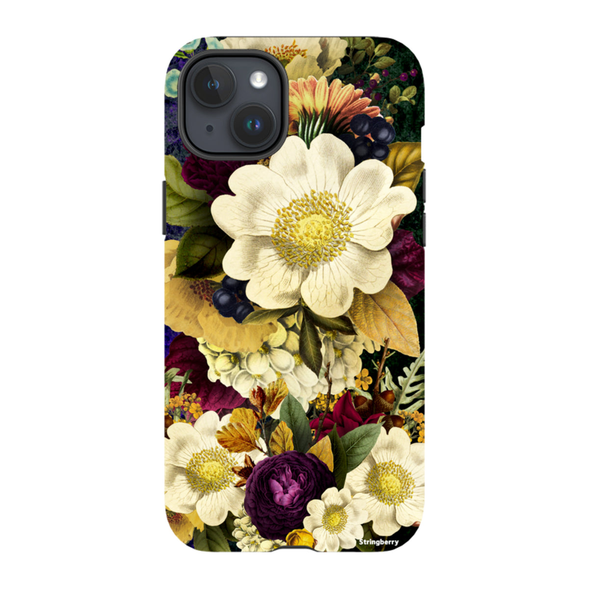 iPhone tough case featuring a surreal floral pattern with white, yellow, and deep purple flowers on a dark background.