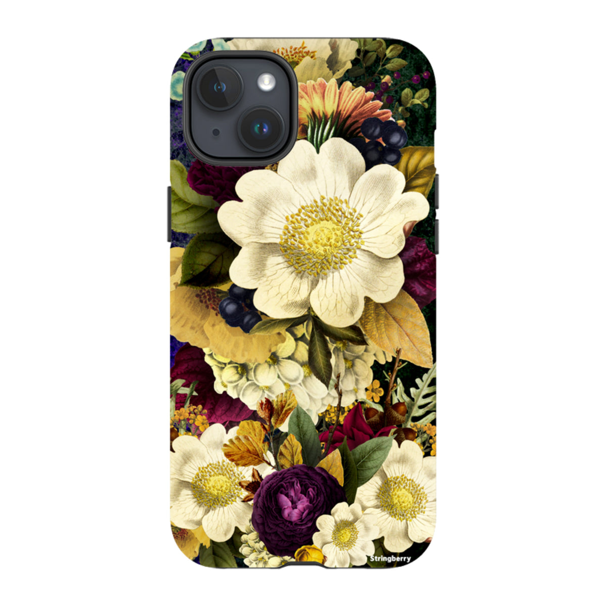 iPhone tough case featuring a surreal, high-definition floral print with dark, moody botanical art on a dual-layer shell.