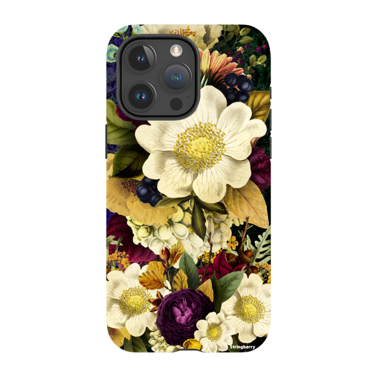 iPhone tough case featuring a surreal, high-definition floral print with white, yellow, and dark purple blooms.