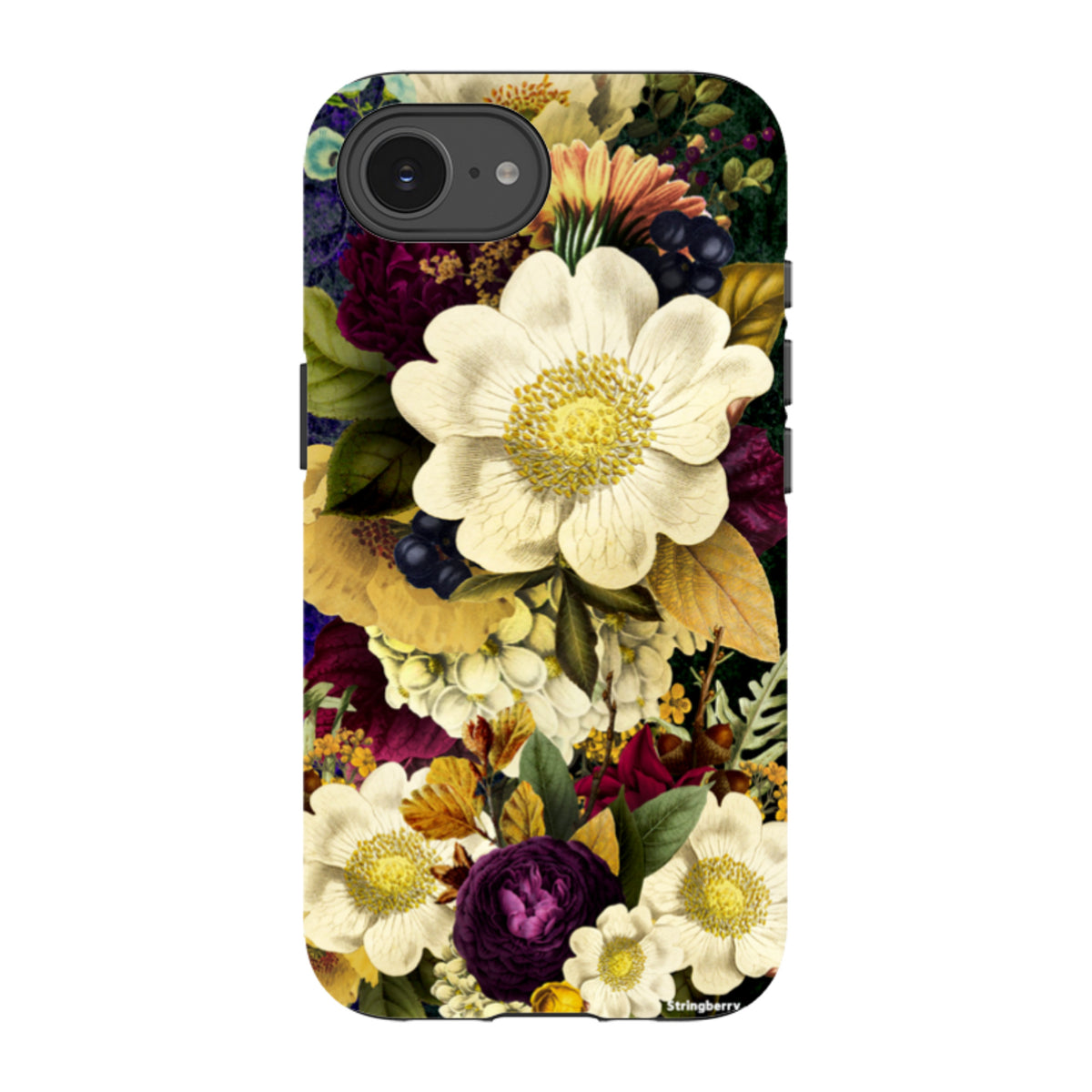 iPhone tough case featuring a surreal, high-definition floral print with white, yellow, and dark purple flowers.