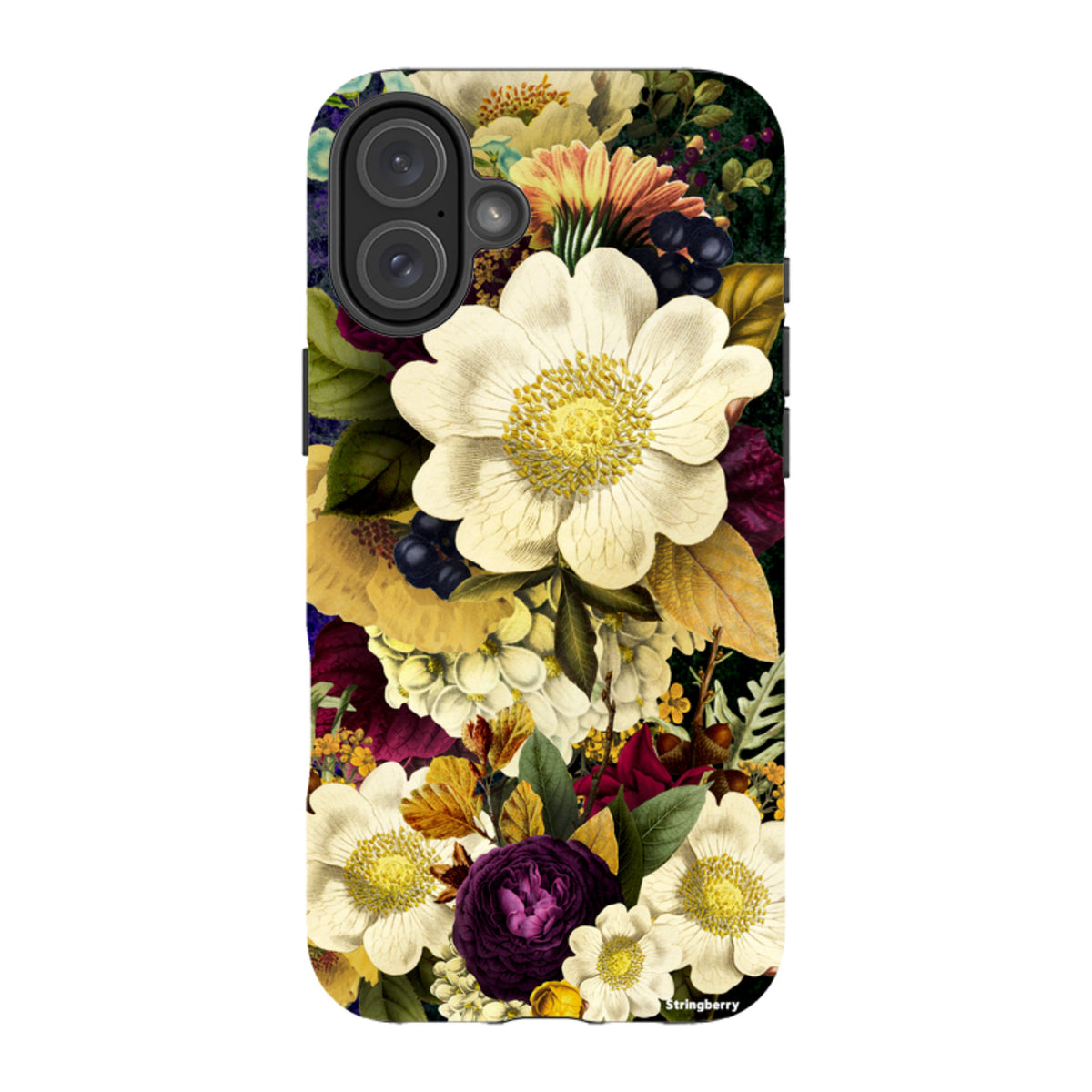 Dual-layer iPhone tough case featuring a surreal, high-definition floral print with white, purple, and gold botanical art.