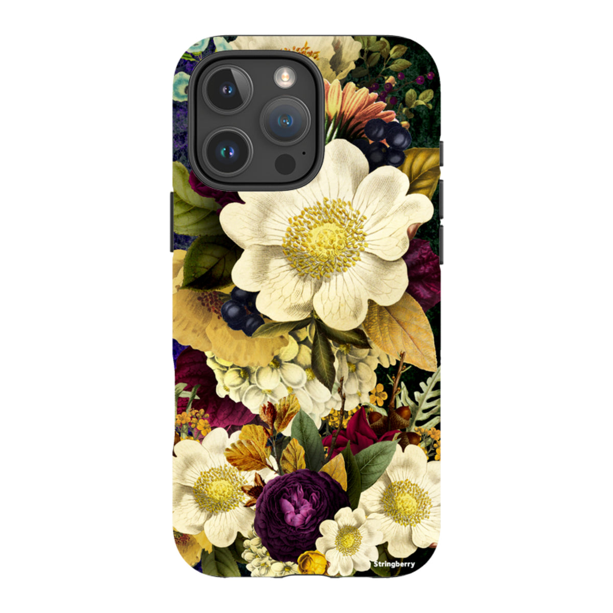 Dual-layer iPhone tough case featuring a vibrant, surreal floral print with white, yellow, and deep purple blooms.
