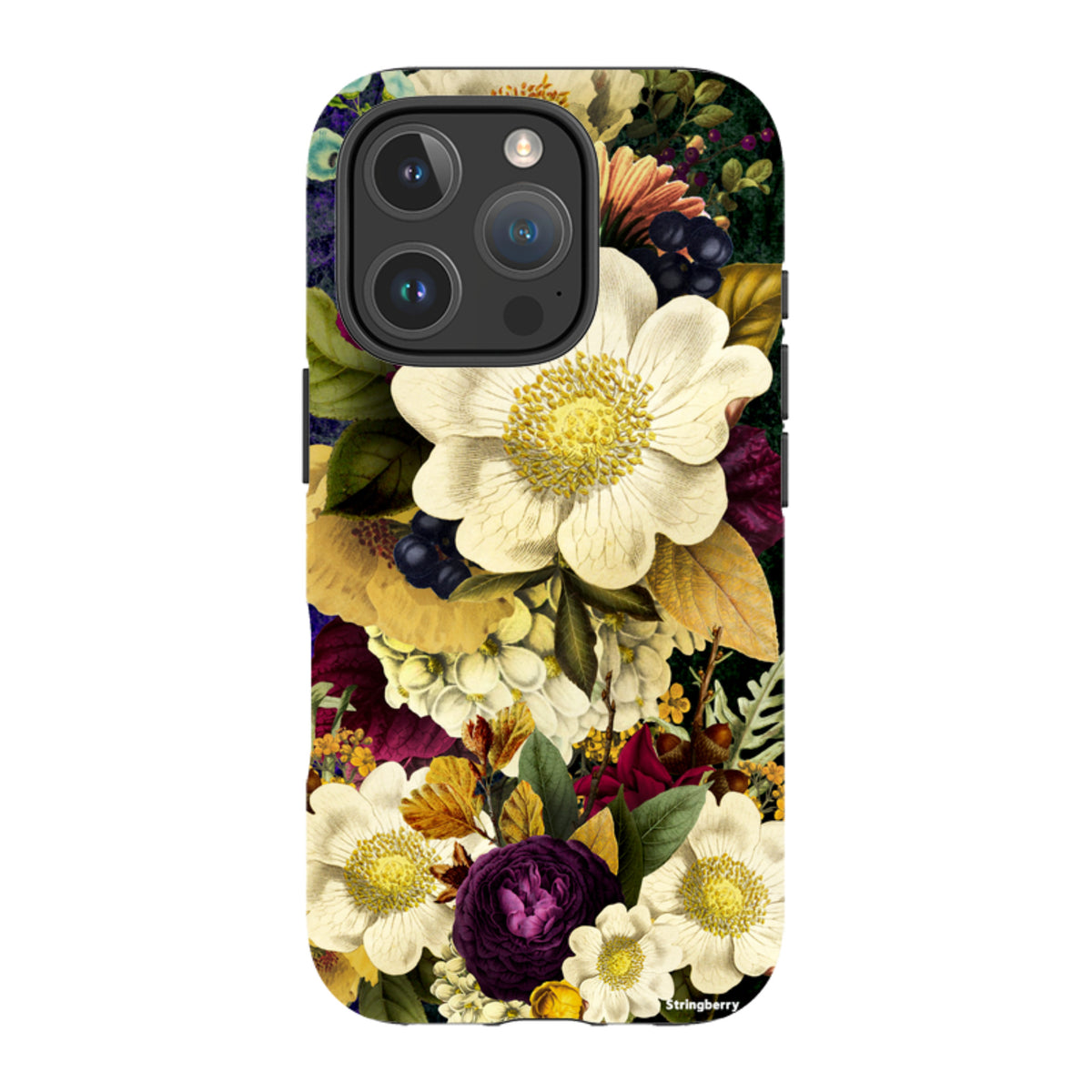 iPhone Tough Case featuring a surreal, high-definition floral print with white, yellow, and deep purple blooms.