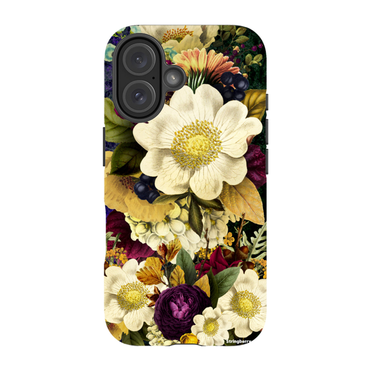 iPhone Tough Case featuring a vibrant, surreal floral pattern with white and purple blooms on a dark, textured background.