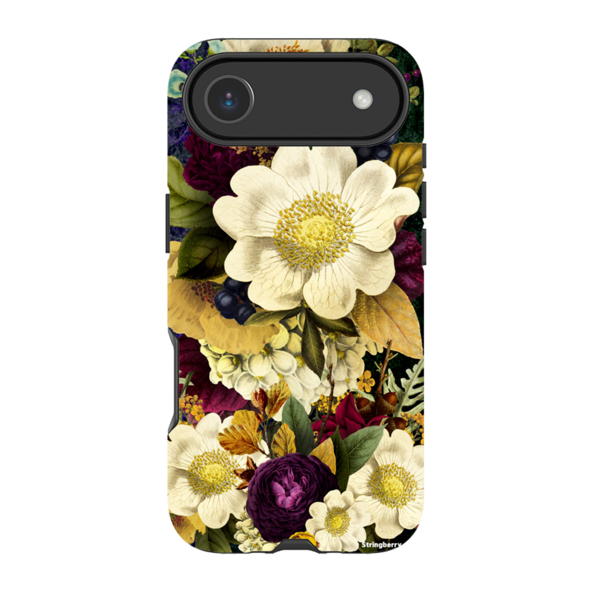 iPhone Tough Case featuring a surreal, high-definition floral print with white and deep purple flowers on a dark background.