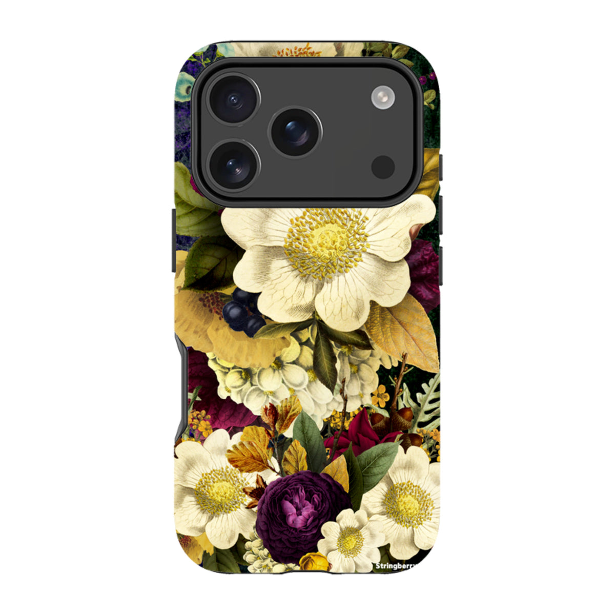iPhone Tough Case featuring a surreal, dark floral print with white and purple flowers on a black background.