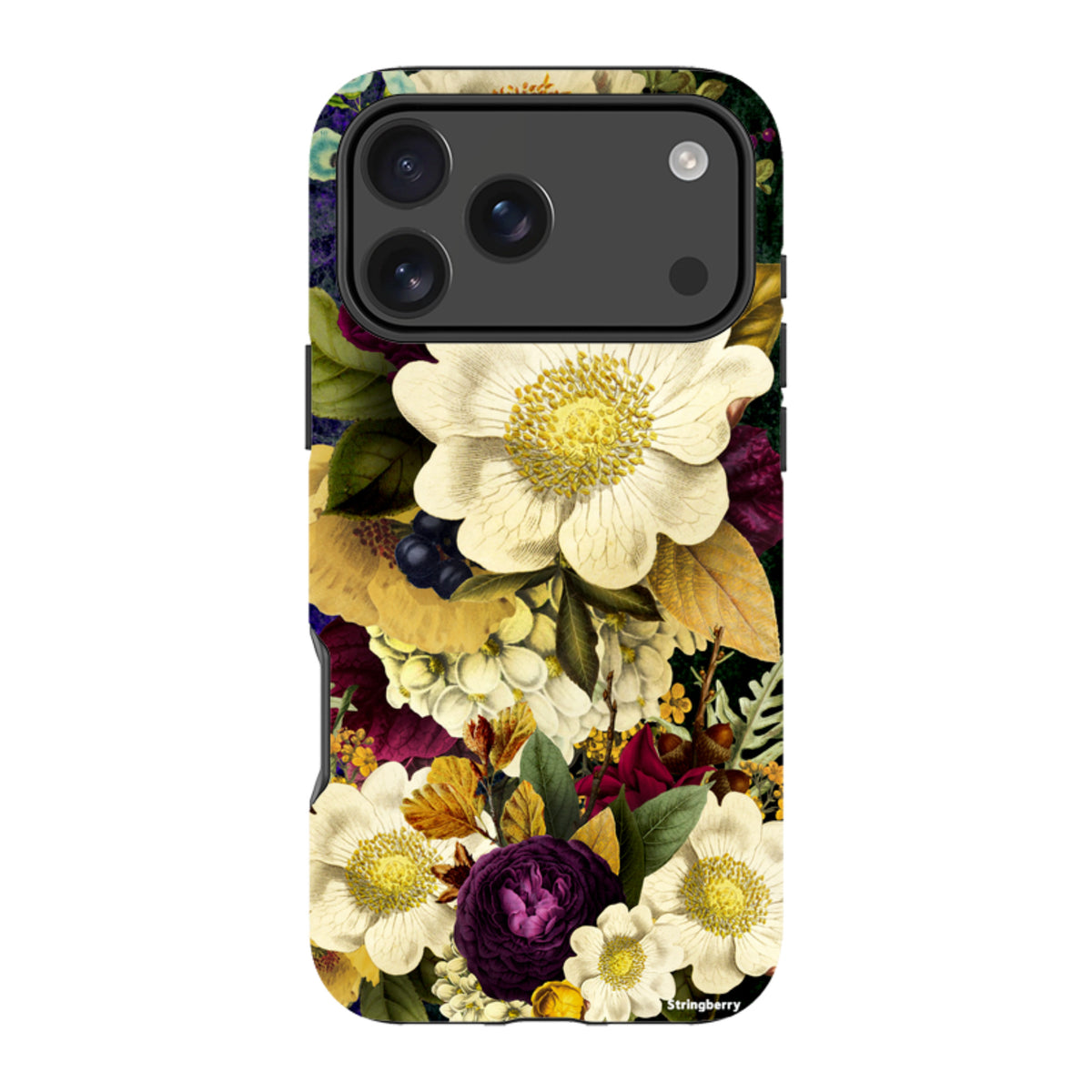 iPhone Tough Case with a surreal floral print featuring white, yellow, and dark purple flowers on a dark background.