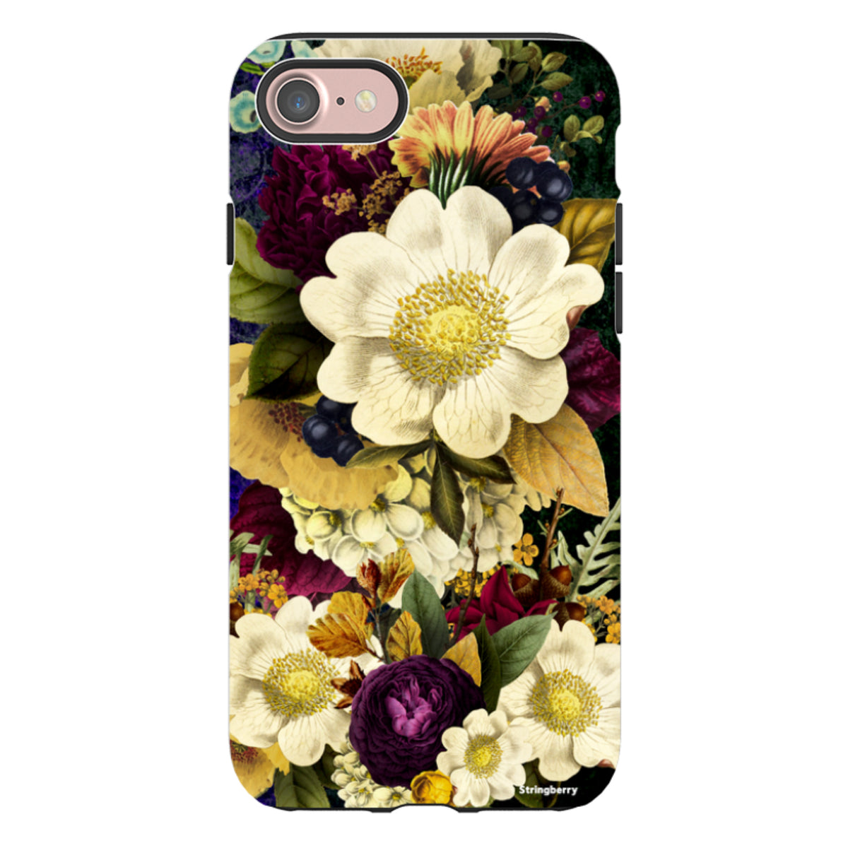 iPhone tough case featuring a vibrant, surreal floral print with white, yellow, and deep purple flowers on a dark background.
