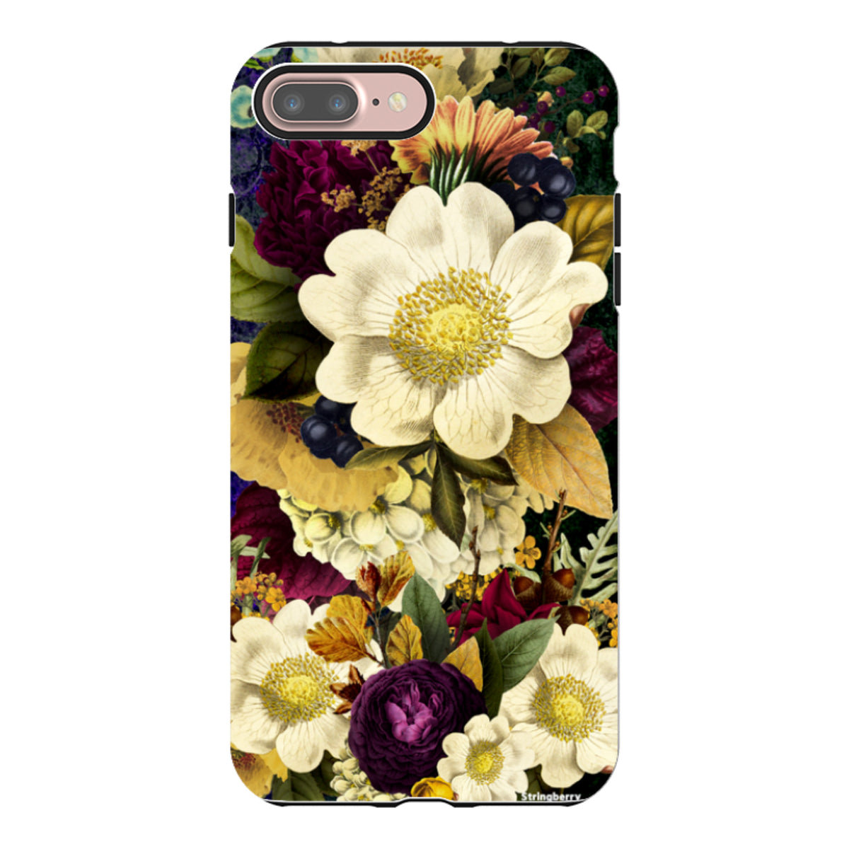 iPhone tough case featuring a surreal floral pattern with white and deep purple flowers on a dark, moody background.