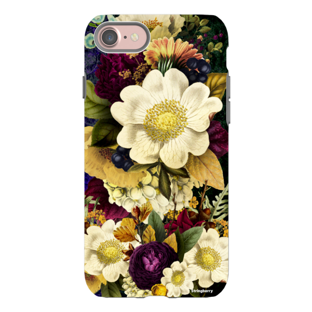 iPhone tough case featuring a vibrant, high-definition surreal floral print with white, yellow, and deep purple blooms.