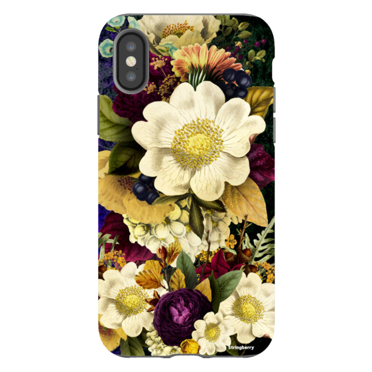 iPhone tough case featuring a vibrant, surreal floral print with white, yellow, and deep purple flowers on a dark background.
