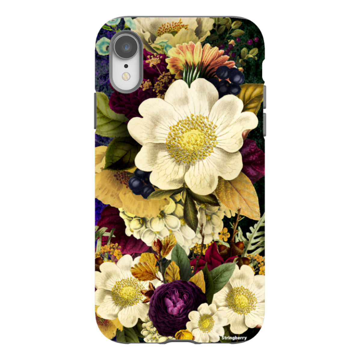 iPhone Tough Case featuring a vibrant, high-definition surreal floral print on a dark background with dual-layer protection.
