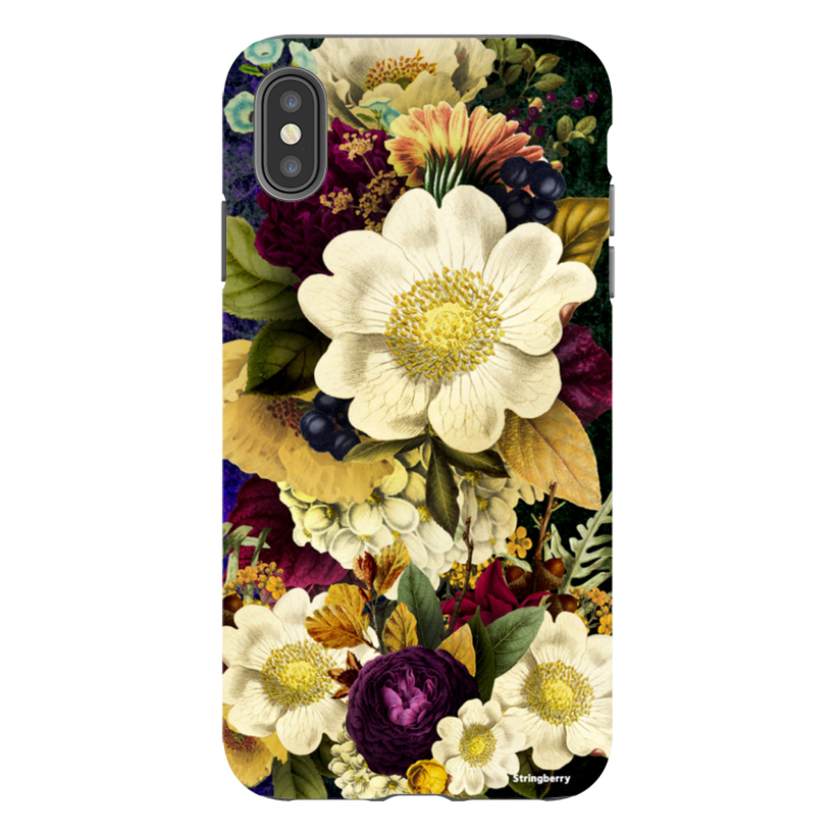 iPhone tough case featuring a vibrant, surreal floral art print with white, yellow, and deep purple flowers.