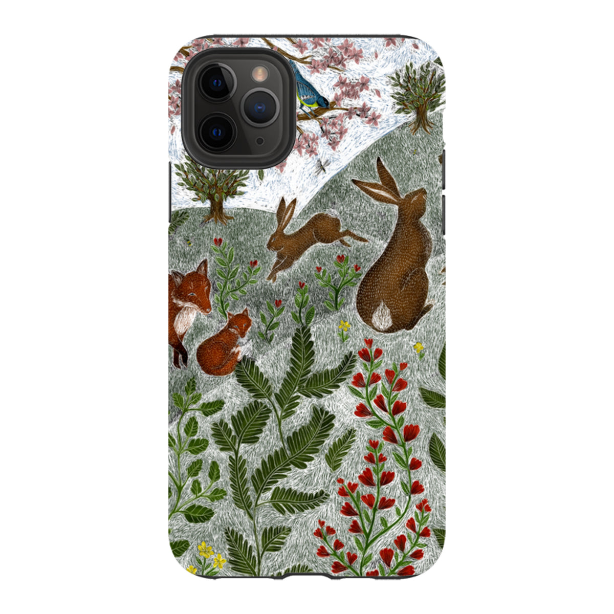Dual-layer iPhone case featuring Catherine Rowe’s Sussex Downs art with foxes, rabbits, and floral patterns.