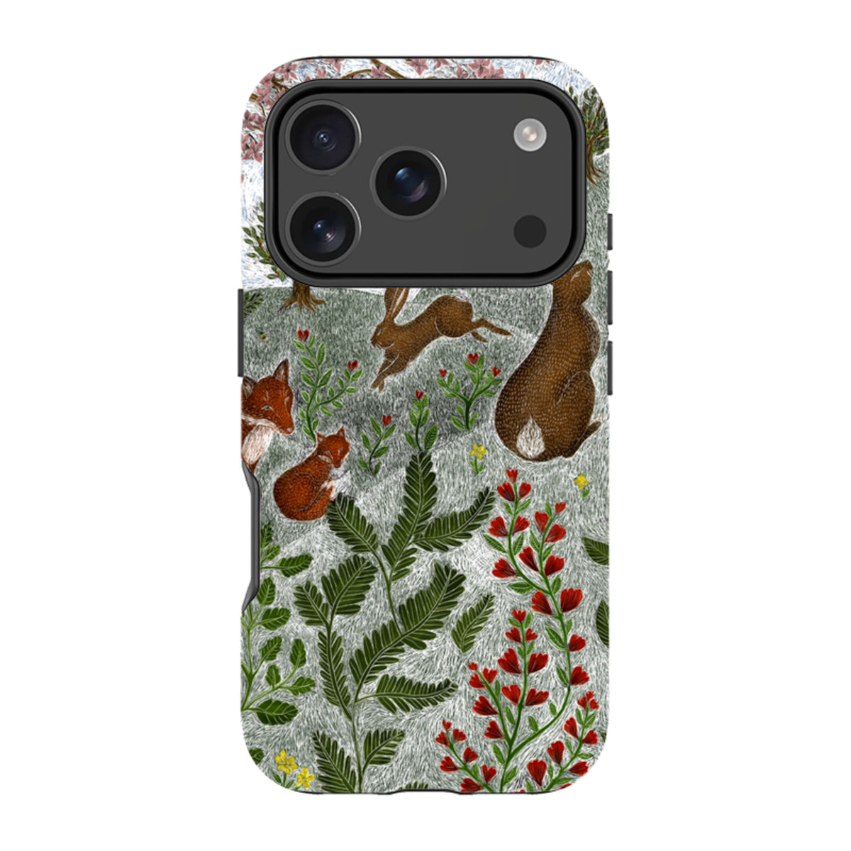 iPhone tough case featuring Catherine Rowe’s Sussex Downs nature art with foxes, rabbits, and wildflowers on a dual-layer shell.