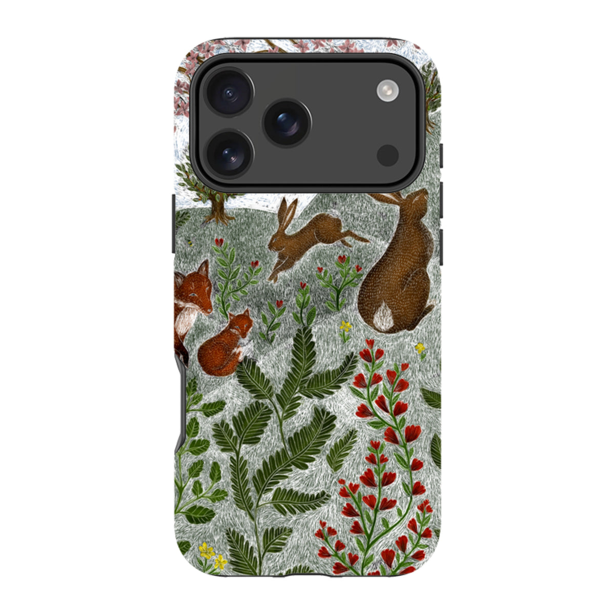 Dual-layer iPhone case featuring Catherine Rowe’s Sussex Downs art with foxes, rabbits, and wildflowers on a textured background.