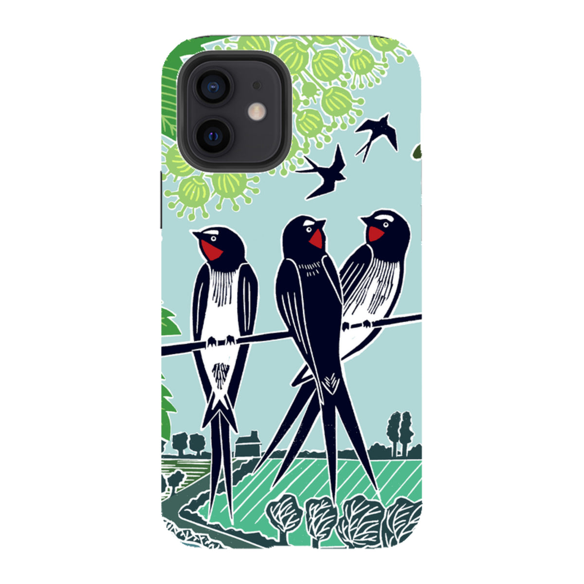 iPhone tough case featuring Kate Heiss swallow artwork with black birds on a light blue background and dual-layer protection.