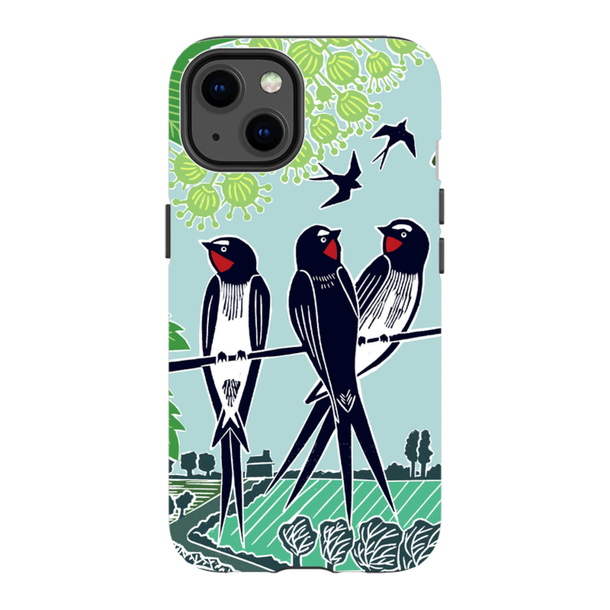 Dual-layer iPhone tough case featuring Kate Heiss swallow bird artwork on a light blue background with green foliage.