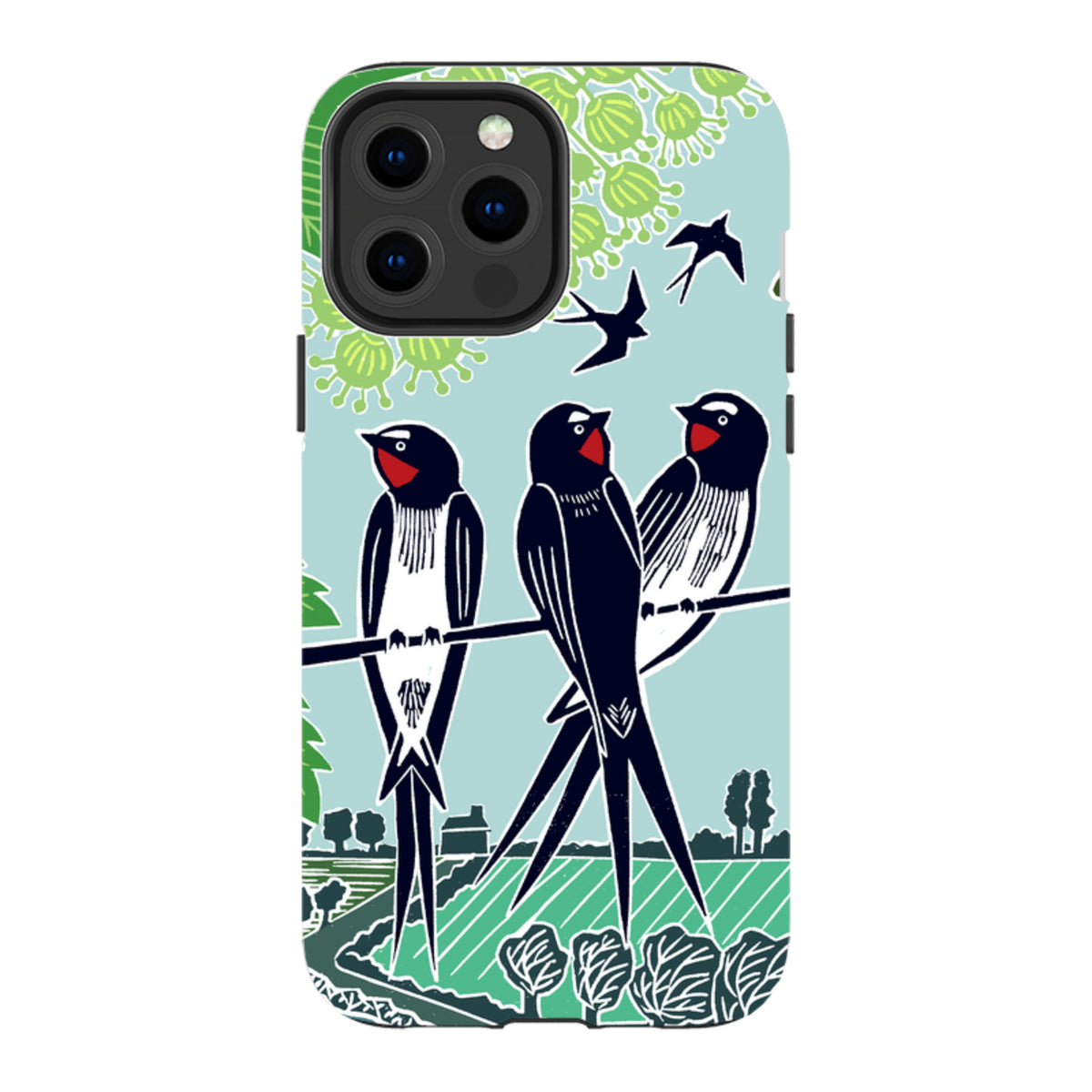 iPhone tough case featuring Kate Heiss swallow artwork with black birds on a light blue and green landscape background.