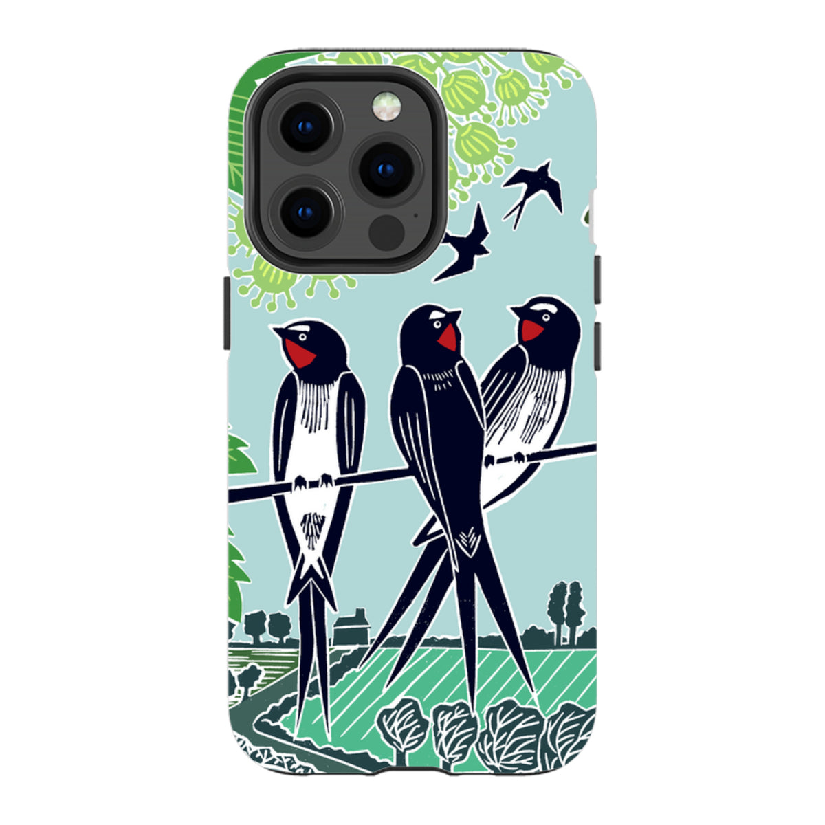 iPhone tough case featuring Kate Heiss swallow bird artwork on a light blue background with dual-layer protective shell.